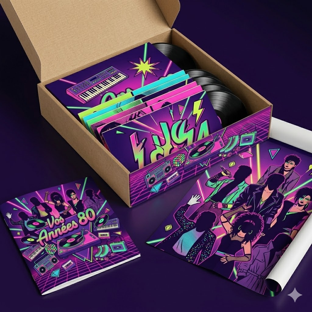Coffret Vos Années 80 ouvert — vinyles, livret et poster