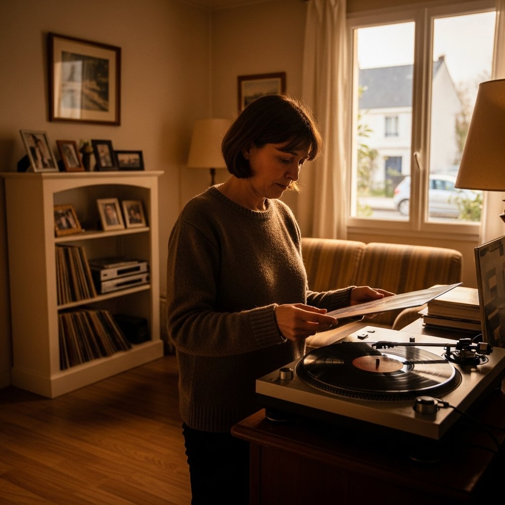 Femme découvrant le vinyle avec émotion